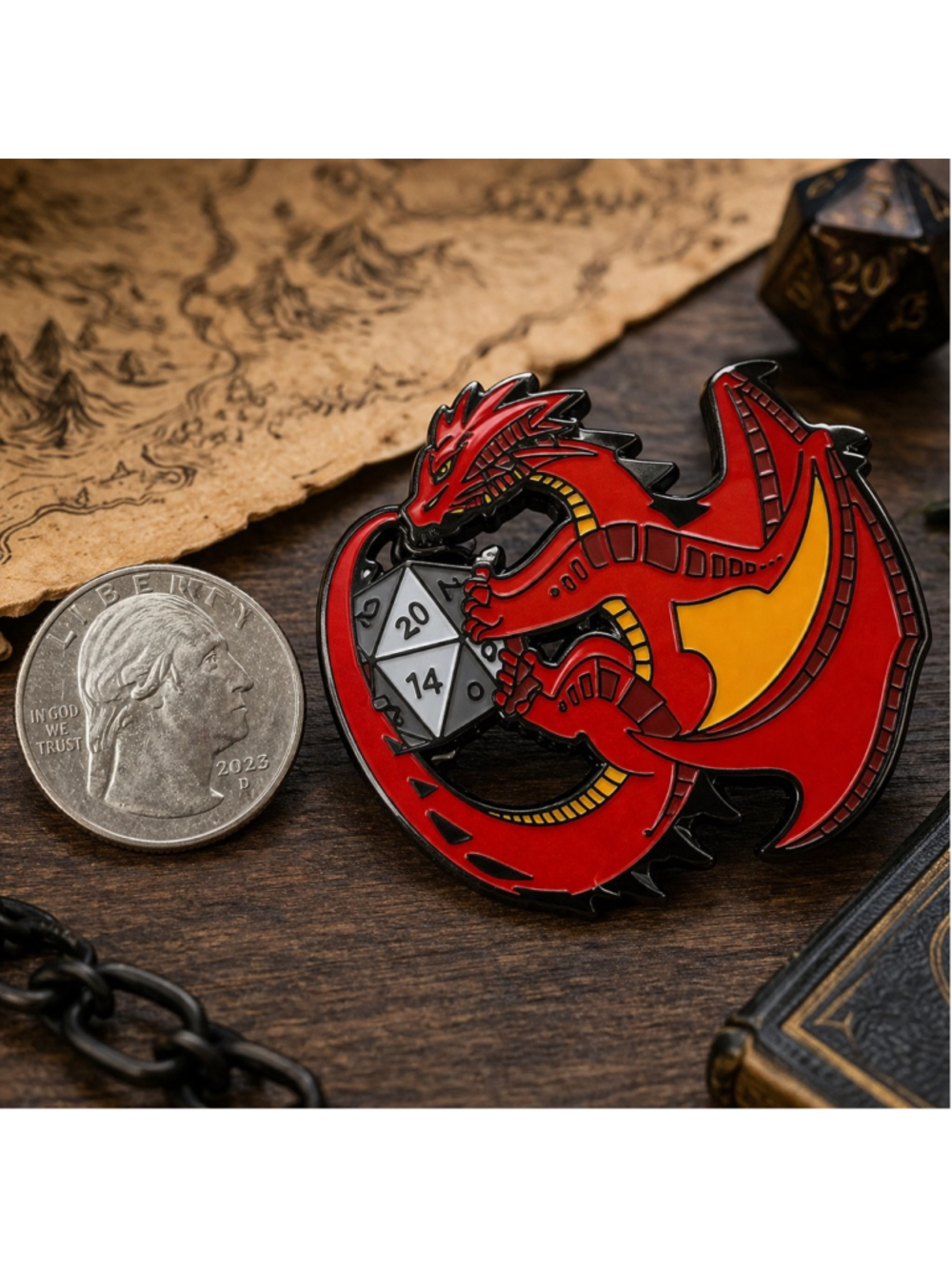 Red Dragon D20 Enamel Pin Fantasy RPG Gamer Brooch (Quarter Not Included)